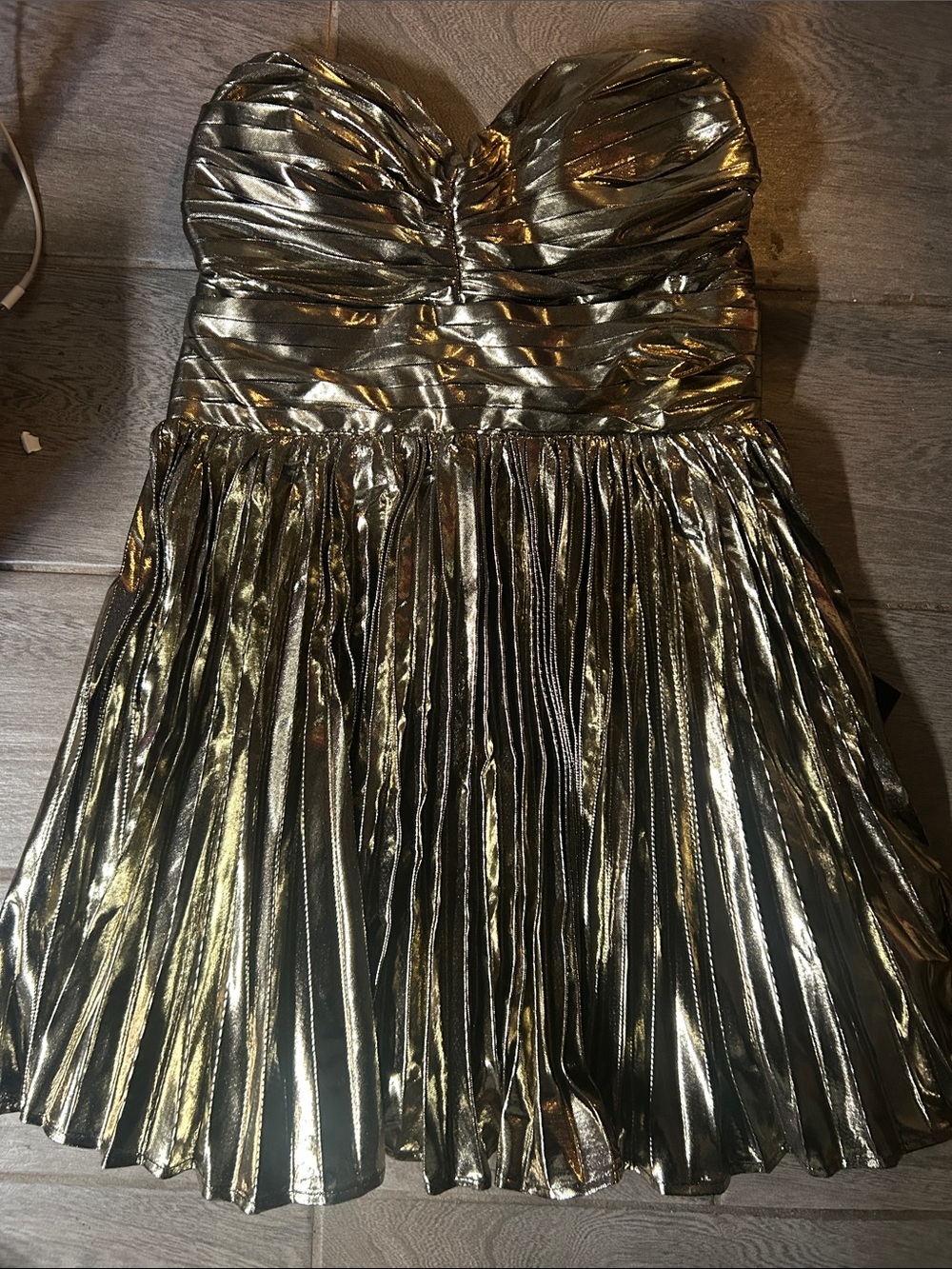 Lulu's Metallic Gold Strapless Pleated Party Dress